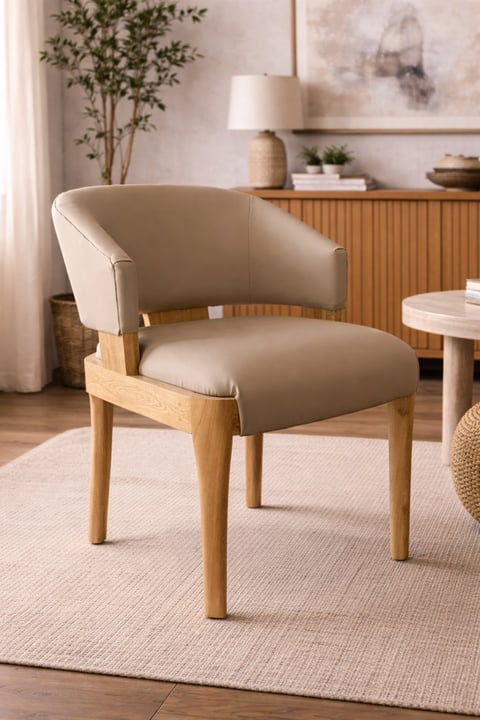 Beige curved armchair with wooden legs on a cream rug in a modern living room with sideboard and plants