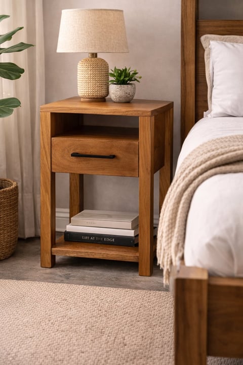 Wooden nightstand with lamp, potted plant, and books next to a bed in a modern bedroom