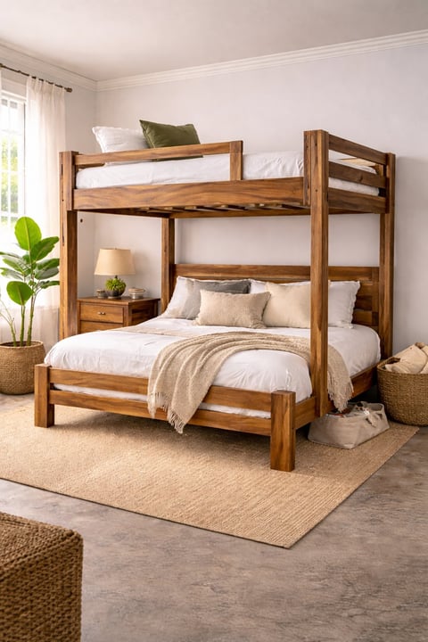 Wooden bunk bed with white bedding in a bright bedroom with potted plant and jute rug