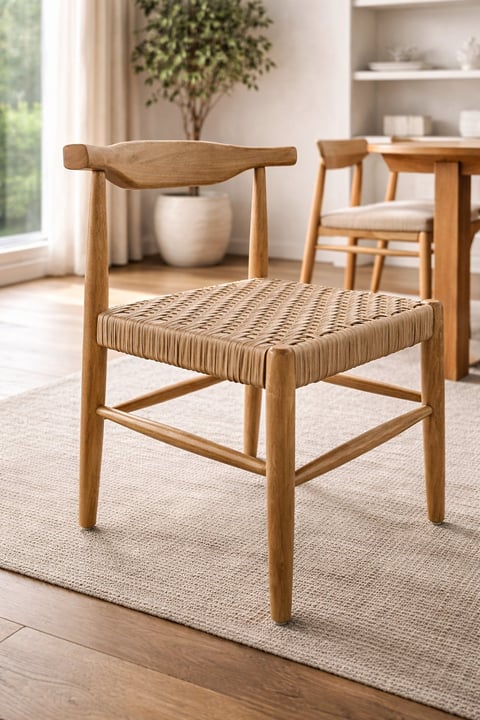 Silla tipo nórdica escandinava con estructura de madera tono natural, patas cilíndricas con refuerzos tipo H, respaldo bajo curvo con extremos redondeados y asiento tejido en cordón ratán sintético beige con patrón entrelazado