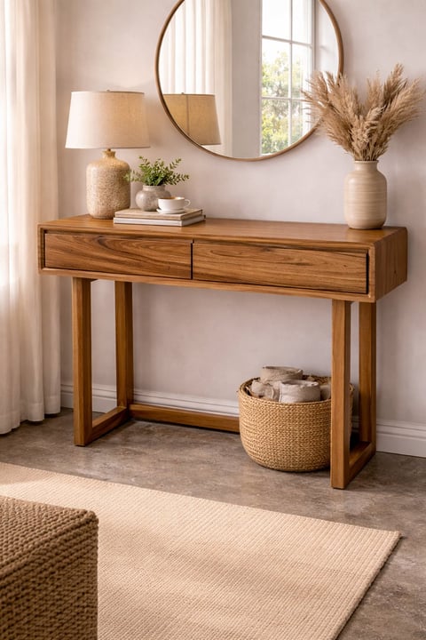 Wooden console table with drawers, decorated with lamp, books, plants, and vase, against wall with round mirror above