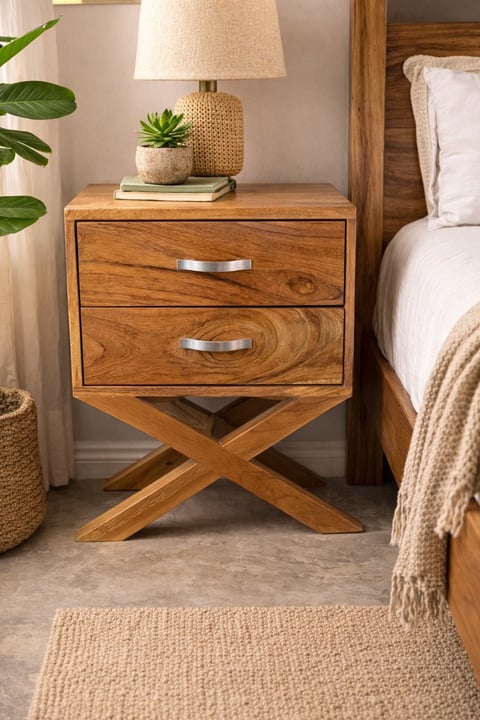 Wooden mid-century nightstand with X-shaped legs and two drawers, topped with a table lamp, succulent plant, and book in a modern bedroom