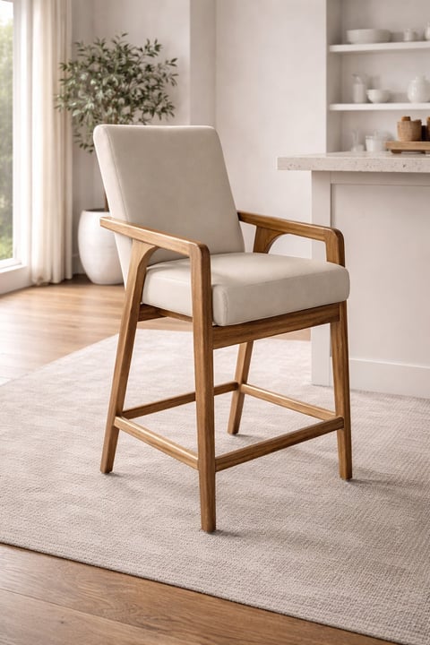 Mid-century modern counter-height chair with cream upholstery and wooden frame in a contemporary living room setting