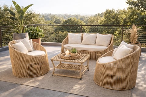 Outdoor patio furniture set with woven rattan seating, cream cushions, and coffee table on a deck overlooking forest landscape