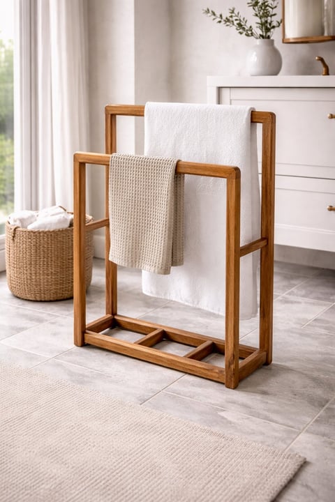 Wooden towel rack holding folded white and beige towels in a bright, modern bathroom with a woven basket and dresser